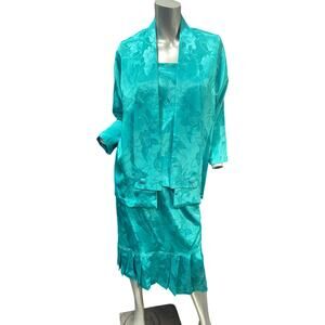 Vintage turquoise green floral brocade skirt suit 1960s or 1970s Size M